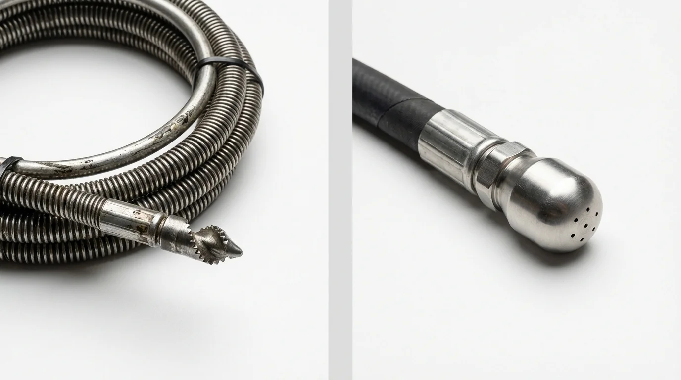 Drain snake cable and hydro jetting nozzle used for drain cleaning in New Albany, OH
