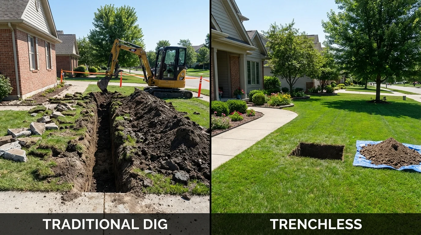 Trenchless sewer repair with minimal yard damage versus traditional excavation in New Albany, OH
