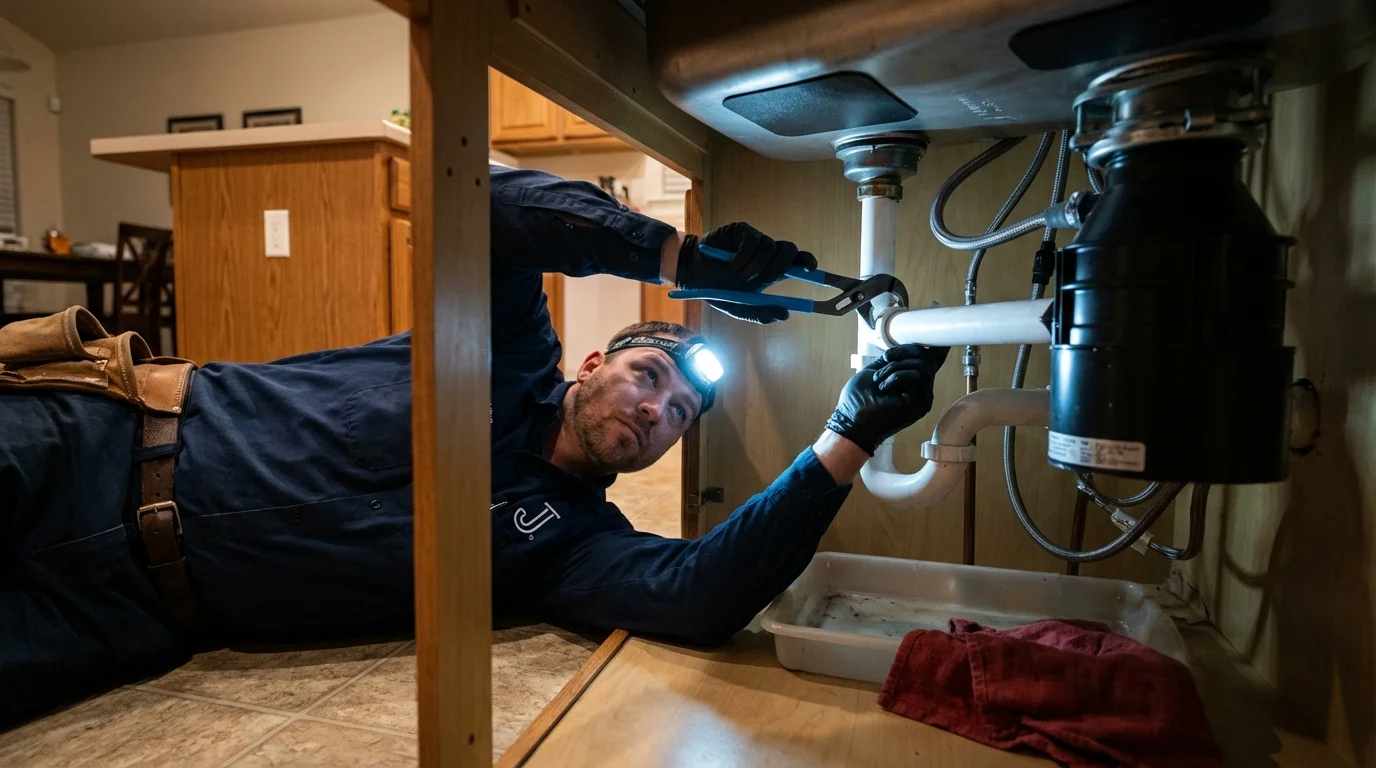 P-trap and supply line connections under a kitchen sink showing a common leak point in New Albany, OH
